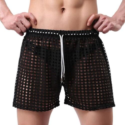 Erotic Men Solid Color Mesh See Through Hollow out Drawstring Shorts Beach Pants трусы мужские