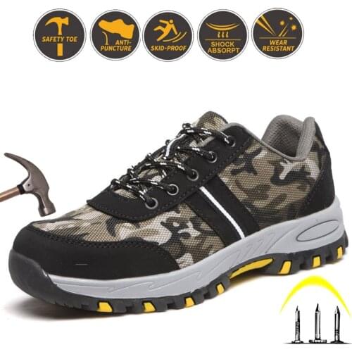 Camouflage Mens Work Shoes Steel Toe Safety Shoes Unisex Work Boots Male Puncture Proof Industrial Shoes Light Air Mesh Sneakers