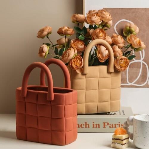 Nordic Morandi Ceramic Vase Handicraft Woven Handbag Living Room Flower Arrangement Home Decoration Accessories Ornaments