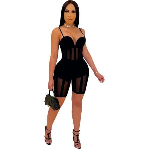 Zoctuo Solid Mesh Jumpsuits For Women Spaghetti Strap Women Sexy Jumpsuit Skinny V-Neck Casual Club Rompers For Women