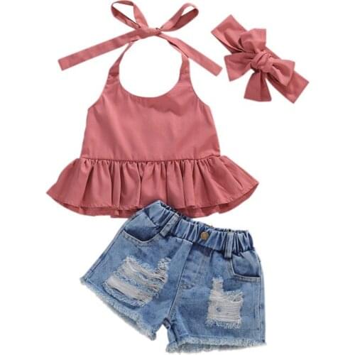 Kids Baby Girls Clothes Sets Solid Color Halter Crop Top+Denim Ripped Shorts+Headband for Summer 3PCS Girls Clothes 1-6Y