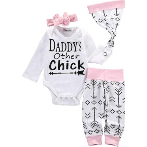 FOCUSNORM Newborn Baby Boy Girl Clothes Sets 4pcs Long Sleeve Letter Print Romper Tops Pant Headband Hat