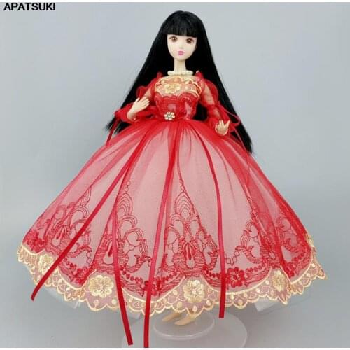 Red Golden Handmade Princess Dress For Barbie Doll Outfits Clothes 1/6 Dolls Accessories Puff Sleeve Bowknot Party Gown Kid Toys