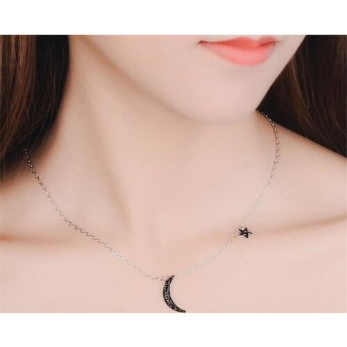 LUKENI 100% Silver925 Pendants Necklace For Women Jewelry Charm Cubic Zirconia Star Black Moon Girl Choker Necklace Accessories