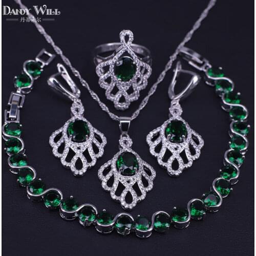 Fashion bridal jewelry set for women Green CZ crystal silver color necklace earrings rings bracelet set party gift
