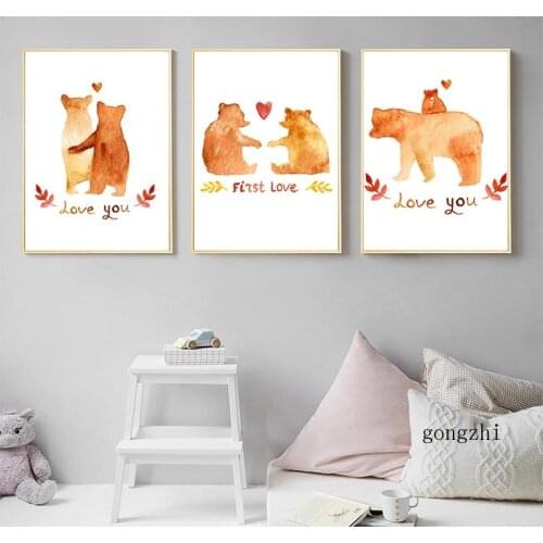 First Lover Bear Wall Art Canvas Poster Print Simple Cartoon Painting Nordic Kids Decoration Picture Baby Boy Bedroom Decor
