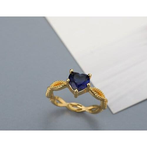 Delicate Blue Gem Heart Rings For Women Gemstone Zircon Gold Silver Color Geometry Hollow Out Rings for Couple Jewelry Gift