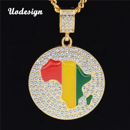 Uodesign Jamaica Map of Africa Squre Necklaces Alloy Iced Out Africa Map Trendy Golden Chains Hip Hop Charm Jewelry Pendants