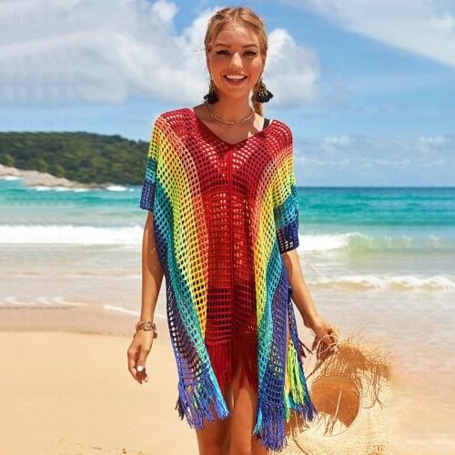 GypsyLady Rainbow Crochet Blouse Colorful Holiday Vintage Chic Women Batwing Sleeve Hollow Out Sexy Beach Bikini Tunic Tops