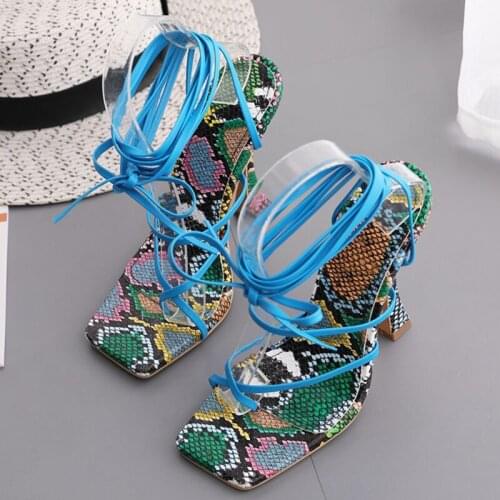 Multi-pattern Sandals PVC Elastic Band Front Rear Strap Ladies Sandals Square Toe Heels Cross-tied Breathable Peep Toe