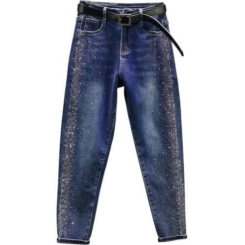 Spring Autumn Women Jeans Plus size Black High waist Loose Diamond-studded Harem pants High street Casual Female Denim Trousers