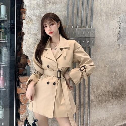 Newest Khaki Long Trench Loose Coat Women ’s Jackets Spring 2021 Korean Double breasted Trench Coat Solid Casual Cloak Female