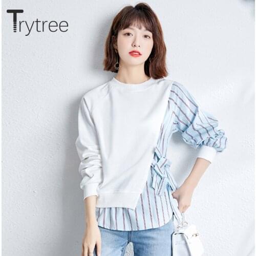 Trytree 2021 Spring Autumn Casual Woman T-shirt O-neck Cotten Blend T-shirt Patchwork Striped Shirt Asymmetric Tops For Women
