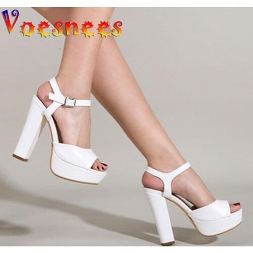 Voesnees Women Sandals 2021 Fashion Waterproof Platform 13CM Thick Heel Shoes Concise Buckle Strap Model Womens Sexy High Heels