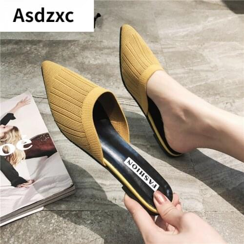 New Womens Summer Solid Toe-covered Slipper Fashion Pointed Woven Breathable Lazy Slippers Flat Sandals Women Mule Slides Shoes