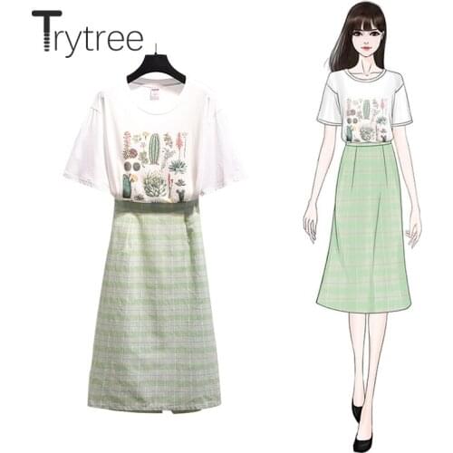 Trytree 2020 Summer Women Two Piece Set Casual O-neck Print T-shirt Tops + Skirt Plaid Split hem Fashion Knee-Length 2 Piece Set