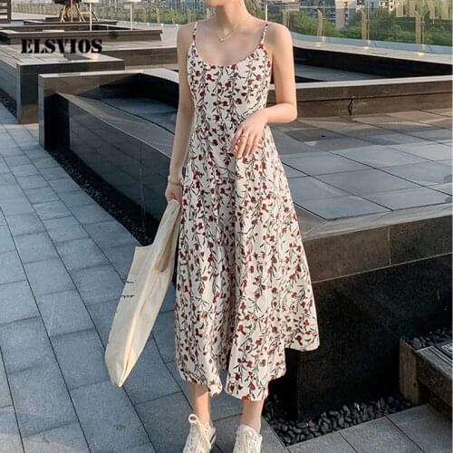 2021 Spring And Summer New Womens Floral Square Neck Sleeveless Sling Mid-Waist A-Line Skirt Commuter Fashion Mid-Length Dress