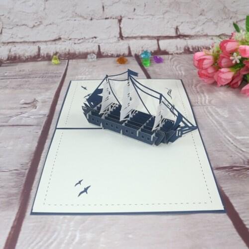 3D Handmade Three Masts Square Boat Sailing Ship Paper Greeting Cards PostCard Birthday Bussiness Friend Creative Gift