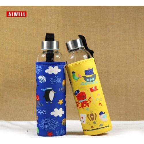 AIWILL Brief Outdoor healthy water bottle glass 500ml with rope summer sport glass water bottles for women girls Students gift