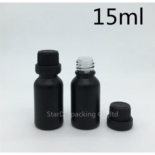Free Shipping 200pcs 15ML Black Frosted Glass Bottle 15ml Vials Essential Oil Bottle Black Tamper Evident Cap Perfume Bottle