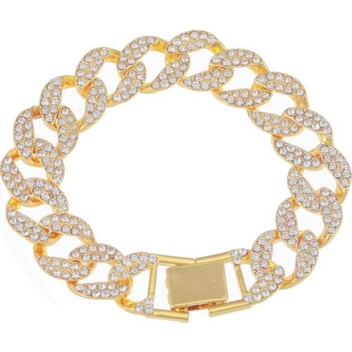 Shiny Cuban Thick Link Chain Bracelet Punk Luxury Crystal Bracelets For Women Men Jewelry Gold Color Rhinestone Bangles Bling