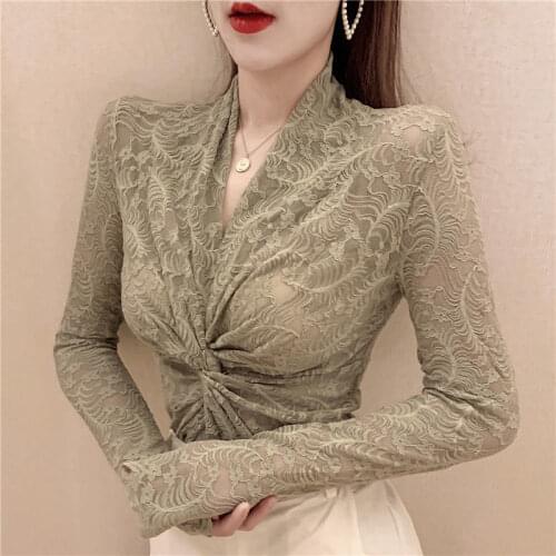 Fashion Lace Tops Women V Neck Full Sleeve Shirts Cross Design Solid Color Elegant Fashion Blouse Korean Style Blusas G1525