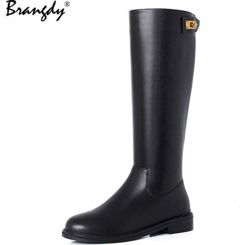Brangdy Concise Women Knee Hight Boots Genuine Leather Fashion Round Toe Women Shoes Metal Buckle Zipper Women Winter Boots Fur