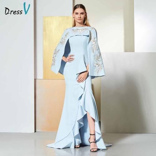 Dressv sky blue evening dress scoop neck sleeveless appliques floor-length wedding party formal dress trumpet evening dresses