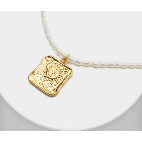 J29 Sun Moon Necklace Natural Pearl Square Gold Pendant Necklace For Women Fashion