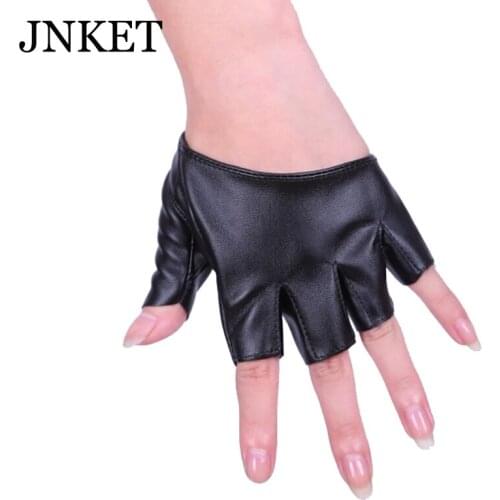 JNKET New Womens Half Finger PU Leather Gloves Men Fingerless Glove Nightclub Performance Gloves
