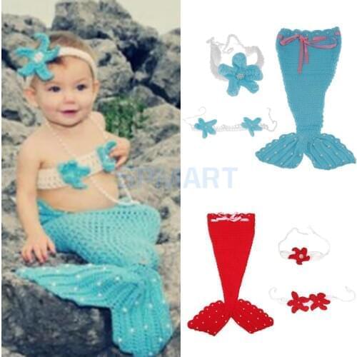 Newborn Baby Photography Prop Crochet Mermaid Headband Bra Tail Clothing Costume Set