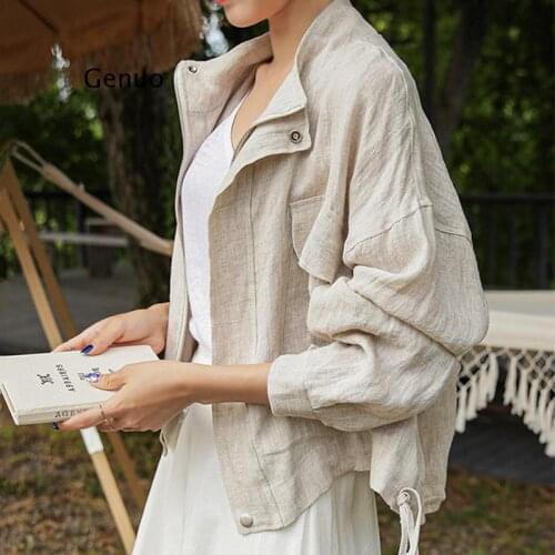 Summer Autumn Womens Jacket Stand Collar Casual Pockets Cargo Cotton and Linen Zipper Short Tops