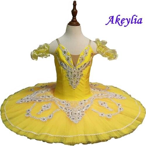 Adult Professional Ballet Tutu Yellow Silver Classical Pancake Tutu lemon yellow Ballerina Stage Performance Costume For Kids
