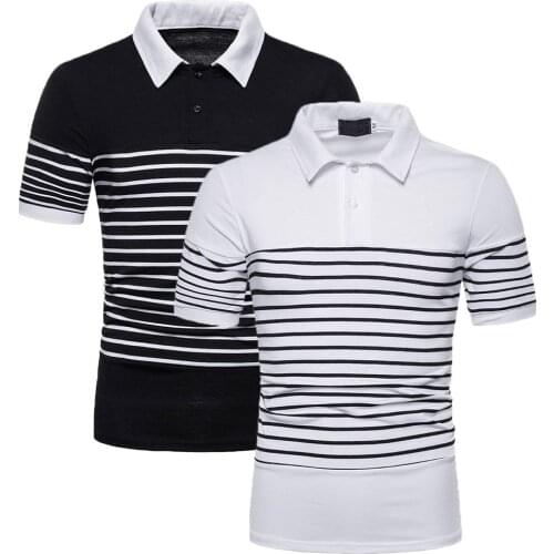 Sale Black White Polo Shirts Mens Stripes Casual Short Sleeve Turn-Down T-shirt Summer Male Business Fashion Breathable Top D30