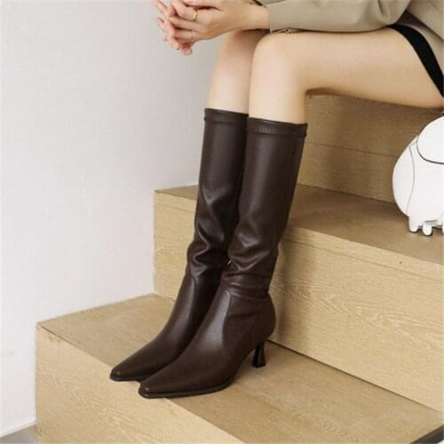 PXELENA Vogue High Heels Mid Calf Boots Women Sexy Party Office Lady 2021 Fall Spring Shoes Plus Size 34-43 Black Brown Back Zip