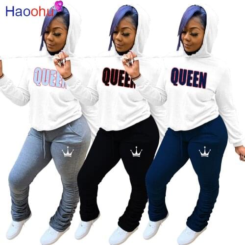 HAOOHU Activewear Queen Letter Sweatsuit Womens Set Pullover Hoodies Jogger Pants Suit Tracksuit Two Piece Set Fitness Outfit