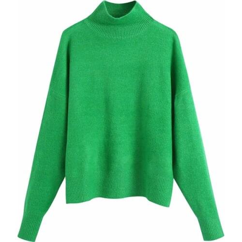 Evfer Autumn Womens Turtleneck Collar Long Sleeve Green Loose Sweaters 2021 Winter Za Casual Elastic Knitted Pullover Chic Tops
