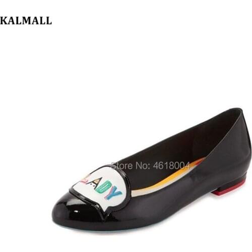 KALMALL Sweet Shoes Women Boss Lady Embroidery Flat Shoes Patent Leather Loafers Dress Ballet Flats Fashion Shoes Women