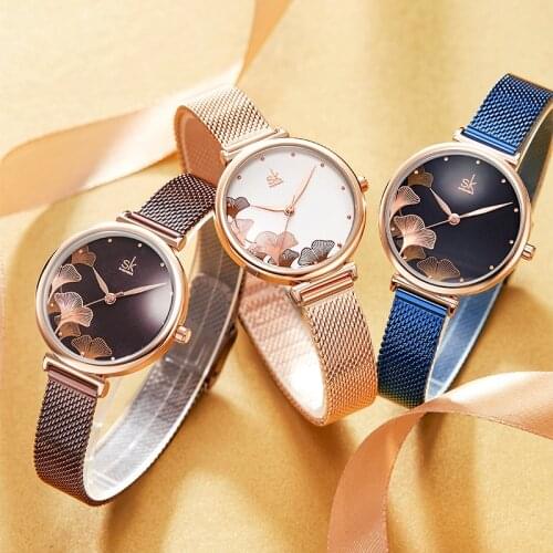 High quality fashion luxury waterproof ginkgo leaf pattern steel mesh belt ladies quartz watch premium party accessories