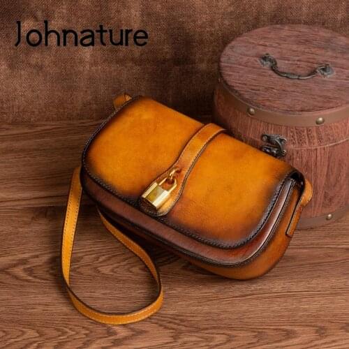 Johnature Vintage Genuine Leather Crossbody Bags For Women 2021 New Versatile Nature Cowhide Solid Color Small Shoulder Bags