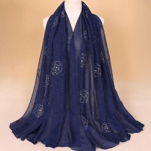 Women Flower Diamond Hijabs Scarf Cotton Scarf Glitter Soft Headband Wraps Muslim Fashion Long Pashmina Islamic Turban Foulard