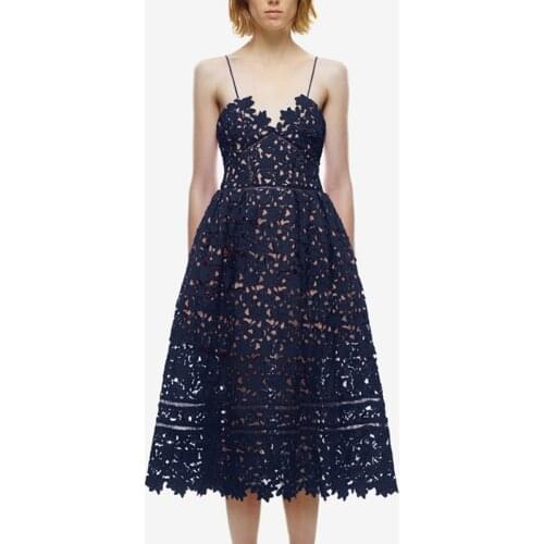 Self-Portrait Runway Dress 2020 Summer Women Hollow Out Flower Lace Spaghetti Strap V Neck Sleeveless Party Dress