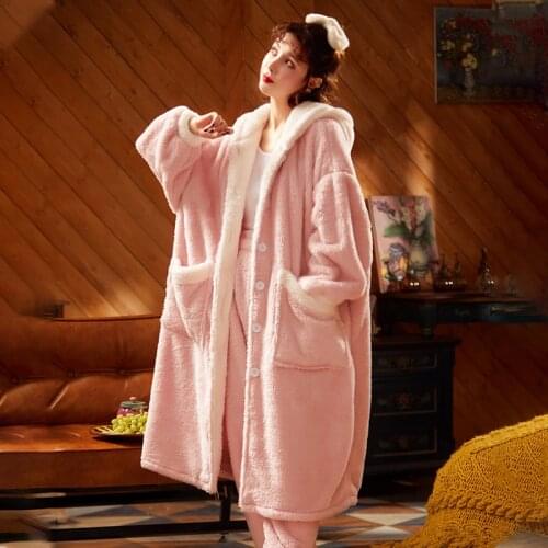 Winter Pajamas Plus Size Women Sleepwear Keep Warm Medium Style Intensification Pyjamas Plush Nightgown Hooded Set Loose Version