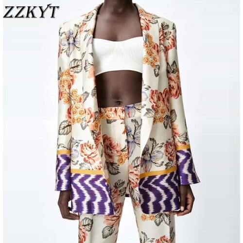 ZZKYT 2021 Women Spring Fashion Floral Print Blazers Coat Vintage Lapel Collar Long Sleeve Pockets Office Ladies Casual Coat