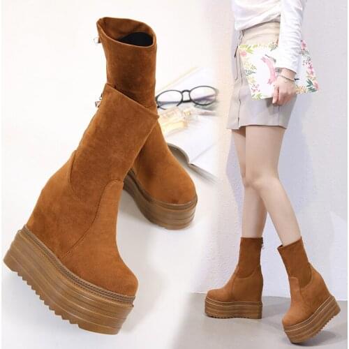 14cm new Martin boots womens slope heel plus velvet autumn and winter thick bottom wild inner heightening frosted short boots