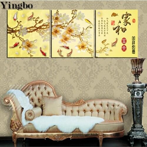 3 piece DIY 5D Diamond Painting Koi fish plum 3d cross stitch mosaic diamond Embroidery Rhinestone full square round drill