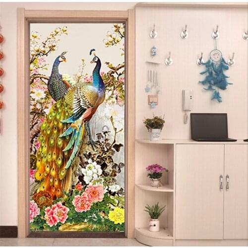 3D Door Sticker Chinese Peacock Decor Stickers Door Window Sticker Waterproof Eco PVC House Door Wallpaper Kitchen Door Stickers
