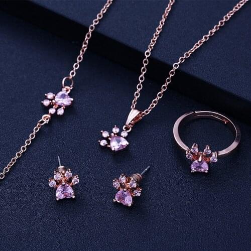 4pcs/set Animal Footprints Necklace Bracelet Ring Drop Earing Set Women Gifts Pet Paw Jewelry Set Chain Jewelry Kits Decor New