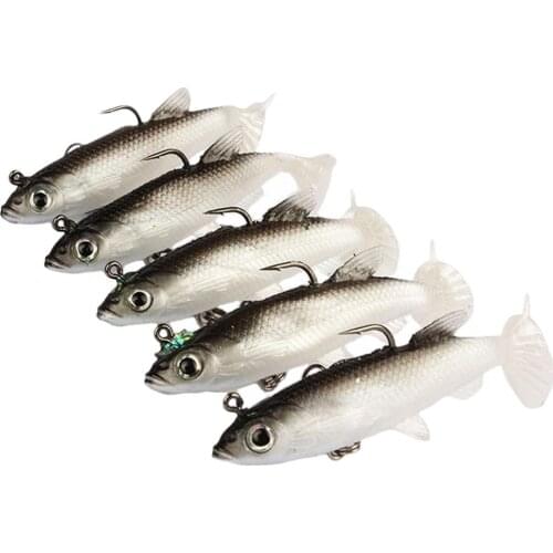 5Pcs/Lot 3D Eyes Lead Fishing Lures With T Tail Soft Fishing Lure Single Hook Baits artificial bait jig wobblers rubber 80mm/14g