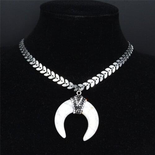 AFAWA 2021 Horns Natural Stone Stainless Steel Bohemian Neckless Women White Boho Jewelry gargantillas cortas mujer moda NB22S04